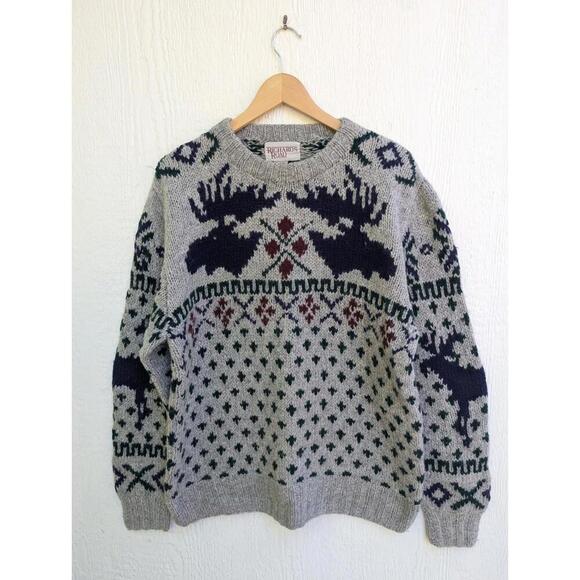 Vintage Richards Road Handknit Shetland Wool Moose Sweater Men's Medium - Picture 1 of 5